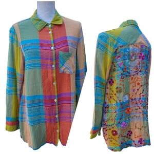 Soft Surroundings Top Button Down Plaid Embroidered On Back Medium Petite